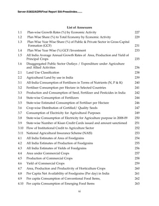 xi
Server-33832AGRIFinal Report SIA-PressIndex.......
List of Annexures
1.1 Plan-wise Growth Rates (%) by Economic Activity 227
1.2 Plan Wise Share (%) to Total Economy by Economic Activity 229
1.3 Plan Wise Year Wise Share (%) of Public & Private Sector in Gross Capital
Formation (GCF) 231
1.4 Plan Wise Year Wise (%) GCF/Investment 233
1.5 All India Average Annual Growth Rates of Area, Production and Yield of
Principal Crops 235
1.6 Disaggregated Public Sector Outlays / Expenditure under Agriculture
and Allied Activities 236
2.1 Land Use Classification 238
2.2 Agricultural Land by use in India 239
3.1 All-India Consumption of Fertilisers in Terms of Nutrients (N, P & K) 240
3.2 Fertiliser Consumption per Hectare in Selected Countries 241
3.3 Production and Consumption of Seed, Fertilizer and Pesticides in India 242
3.4 State-wise Consumption of Fertilizers 244
3.5 State-wise Estimated Consumption of Fertiliser per Hectare 246
3.6 Crop-wise Distribution of Certified/ Quality Seeds 247
3.7 Consumption of Electricity for Agricultural Purposes 249
3.8 State-wise Consumption of Electricity for Agriculture purpose in 2008-09 250
3.9 State-wise Number of Kisan Credit Cards issued and amount sanctioned 251
3.10 Flow of Institutional Credit to Agriculture Sector 252
3.11 National Agricultural Insurance Scheme (NAIS) 253
4.1 All India Estimates of Area of Foodgrains 254
4.2 All India Estimates of Production of Foodgrains 255
4.3 All India Estimates of Yields of Foodgrains 256
4.4 Area under Commercial Crops 257
4.5 Production of Commercial Crops 258
4.6 Yield of Commercial Crops 259
4.7 Area, Production and Productivity of Horticulture Crops 260
4.8 Per Capita Net Availability of Foodgrains (Per day) in India 261
4.9 Per capita Consumption of Conventional Food Items, 262
4.10 Per capita Consumption of Emerging Food Items 263
 