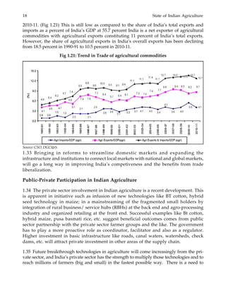 18 State of Indian Agriculture
2010-11. (Fig 1.21) This is still low as compared to the share of India’s total exports and
imports as a percent of India’s GDP at 55.7 percent India is a net exporter of agricultural
commodities with agricultural exports constituting 11 percent of India’s total exports.
However, the share of agricultural exports in India’s overall exports has been declining
from 18.5 percent in 1990-91 to 10.5 percent in 2010-11.
Fig 1.21: Trend in Trade of agricultural commodities
1.33 Bringing in reforms to streamline domestic markets and expanding the
infrastructure and institutions to connect local markets with national and global markets,
will go a long way in improving India’s competiveness and the benefits from trade
liberalization.
Public-Private Participation in Indian Agriculture
1.34 The private sector involvement in Indian agriculture is a recent development. This
is apparent in initiative such as infusion of new technologies like BT cotton, hybrid
seed technology in maize; in a mainstreaming of the fragmented small holders by
integration of rural business/ service hubs (RBHs) at the back end and agro-processing
industry and organized retailing at the front end. Successful examples like Bt cotton,
hybrid maize, pusa basmati rice, etc. suggest beneficial outcomes comes from public
sector partnership with the private sector farmer groups and the like. The government
has to play a more proactive role as coordinator, facilitator and also as a regulator.
Higher investment in basic infrastructure like roads, canal waters, watersheds, check
dams, etc. will attract private investment in other areas of the supply chain.
1.35 Future breakthrough technologies in agriculture will come increasingly from the pri-
vate sector, and India’s private sector has the strength to multiply those technologies and to
reach millions of farmers (big and small) in the fastest possible way. There is a need to
Source: CSO, DGCI&S.
 