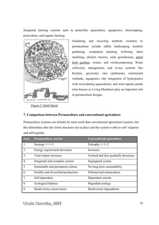 UUUtttsssaaalllaaa SSShhhrrreeesssttthhhaaa,,, 222000000777 19
integrated farming systems such as pond-dike aquaculture, aquaponics, intercropping,
polyculture, and organic farming.
Gardening and recycling methods common to
permaculture include edible landscaping, keyhole
gardening, companion planting, trellising, sheet
mulching, chicken tractors, solar greenhouses, spiral
herb gardens, swales, and vermicomposting. Water
collection, management, and re-use systems like
Keyline, greywater, rain catchments, constructed
wetlands, aquaponics (the integration of hydroponics
with recirculating aquaculture), and solar aquatic ponds
(also known as Living Machines) play an important role
in permaculture designs.
Figure 2: Herb Spiral
7. Comparison between Permaculture and conventional agriculture
Permaculture systems can initially be more work than conventional agricultural systems, but
this diminishes after the initial structures are in place and the system is able to self- organize
and self-regulate.
S.no. Permaculture system Conventional agriculture
1. Synergy 1+1=3 Entrophy 1+1=2
2. Energy requirement decreases Increases
3. Total output increases Limited and also gradually decreases.
4. Integrated and complete system Segregated system
5. Sustainable and permanent culture No long term sustainability
6. Healthy and diversified production Polluted and monoculture
7. Self dependent Dependent outside
8. Ecological balance Degraded ecology
9. Biodiversity conservation Biodiversity degradation.
 