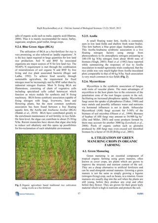 Rajib Roychowdhury et al. / OnLine Journal of Biological Sciences 13 (2): 50-65, 2013
57SciencePublications OJBS
salts of organic acids such as malic, aspartic acid (Sharma,
2004). Thus it is mainly recommended for maize, barley,
sugarcane, sorghum, pearl millet, forage crops.
5.2.4. Blue Green Algae (BGA)
The utilization of BGA as a bio-fertilizer for rice is
very promising, so also referred as ‘paddy organisms’. N
is the key input required in large quantities for low land
rice production. Soil N and BNF by associated
organisms are major sources of N for low land rice. The
50-60% N requirement is met through the combination
of mineralization of soil organic N and BNF by free
living and rice plant associated bacteria (Roger and
Ladha, 1992). To achieve food security through
sustainable agriculture, the requirement for fixed
nitrogen must be increasingly met by BNF rather than by
industrial nitrogen fixation. Most N fixing BGA are
filamentous, consisting of chain of vegetative cells
including specialized cells called heterocyst which
function as micro nodule for synthesis and N fixing
machinery. BGA forms symbiotic association capable of
fixing nitrogen with fungi, liverworts, ferns and
flowering plants, but the most common symbiotic
association has been found between a free floating
aquatic fern, the Azolla and Anabaena Azollae (BGA)
(Mahdi et al., 2010). BGA have contributed greatly to
the enrichment maintenance of soil fertility in rice fields.
On farm level, the algae can contribute to about 25-30 kg
N/ha. Recent researches have shown that algae also help
to reduce soil alkalinity and this opens up possibilities
for bio-reclamation of such inhabitable environment.
Fig. 2. Organic agriculture based traditional rice cultivation
using Azolla as a bio-fertilizer
5.2.5. Azolla
A small floating water fern, Azolla is commonly
seen in low land fields and shallow fresh water bodies.
This fern harbors a blue green algae Anabaena azollae.
This Azolla-Anabaena symbiotic association is a live
floating nitrogen factory using energy from
photosynthesis to fix atmospheric nitrogen amounting to
100-150 kg N/ha nitrogen from about 40-60 tons of
biomass (Singh, 2003). Patel et al. (1982) have reported
while summarizing the responses of rice to Azolla
inoculation in model agronomic trials conducted, that the
rice yields was very much higher from Azolla inoculated
plots comparable to that of 60 kg N/ha. Such association
is very much common in rice fields (Fig. 2).
5.2.6. Mycorrhizae
Mycorrhiza is the symbiotic association of fungus
with roots of vascular plants. The main advantages of
mycorrhiza to the host plants lies in the extension of the
penetration zone of the root fungus system in the soil,
facilitating an increased phosphorus uptake. Mycorrhizal
fungi assist the uptake of phosphorus (Tinker, 1980) and
trace metals and possibly influence water and nutrients
via hormonal influences is not in doubt. Arbuscular
Mycorrhizal (AM) fungi account for 5-50% of the
biomass of soil microbes (Olsson et al., 1999). Biomass
of hyphae of AM fungi may amount to 54-900 kg ha-1
(Zhu and Miller, 2003) and some products formed by
them may account for another 3000 kg (Lovelock et al.,
2004). Pools of organic carbon such as glomalin
produced by AM fungi may even exceed soil microbial
biomass by a factor of 10-20 (Rillig et al., 2001).
6. UTILIZATION OF GREEN
MANURING CROPS IN ORGANIC
FARMING
6.1. Green Manuring
Green manuring is an essential component of
tropical organic farming using green manures, often
known as cover crops, are plants which are grown to
improve the structure and nutrient content of the soil.
They are a cheap alternative to artificial fertilizers and
can be used alongside animal manures. Growing a green
manure is not the same as simply growing a legume
(nitrogen-fixing) crop, such as beans, in a rotation. Green
manures are usually dug into the soil when the plants are
still young, before they produce any crop and often
before they flower. They are grown for their green leafy
material which is high in nutrients and protects the soil.
 