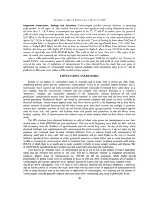 Am-Euras. J. Agric. & Environ. Sci., 5 (S): 01-55, 2009
40
Important observations, findings and discussion: Vermicompost excelled chemical fertilizers in promoting
crop growth in all types of plots studied. But what was most significant and exciting observation, was that in
the farm plots 2, 3 & 4 where vermicompost was applied in the 2nd
, 3rd
and 4th
successive years, the growth &
yield of wheat crops increased gradually over the years even at the same amount of vermicompost applied i.e.
@20 Q/ha. In the 4th
successive year the yield was 38.8 Q/ha which was close to one where vermicompost was
applied @ 25 Q/ha in Study-1 (40.1 Q/ha). However, the plot with 1st
year of farming by lower dose (20 Q/ha) of
vermicompost (after a changeover from chemical fertilizers) the yield was significantly lower (35.3 Q/ha) than
those in Study-1 (40.1 Q/ha), but still close to those on chemical fertilizers (35.4 Q/ha). Crop yield on chemical
fertilizer this time was little higher (35.4 Q/ha) as compared to Study-1, where it was 34.2 Q/ha on the same
amount of chemicals used (NPK-120:60:40 kg/ha). This could be due to better farm soil in this region of the
state. Increased yield in control plot (without any input) also indicate better soil conditions.
Above study conclusively prove that application of vermicompost ‘build the soil quality’ and ‘improve its
natural fertility’ over successive years of application and over the years the total yield of crops should increase
even at the same rate of application of vermicompost. It is also inferred from this study that over years of
application, the amount of vermicompost could be reduced gradually while maintaining same levels of yield &
productivity. However, more studies will be needed on these aspects.
CONCLUSIONS AND REMARKS
Results of our studies on vermiculture made in Australia and in India, both in potted and farm crops,
established beyond doubt that the ‘earthworms vermicompost’ works as an ‘excellent organic fertilizer’ and is
nutritionally much superior and more powerful growth promoter (especially if prepared from ‘cattle dung’ as a
raw material) than the conventional composts and can compete with chemical fertilizers as a ‘nutritive’,
‘protective’, ‘cheaper’ and ‘sustainable’ alternative to the ‘destructive’ chemical fertilizers for safe food
production. Vermicompost provide more ‘bio-available nutrients’ to crops over time and also have some critical
growth promoting ‘biochemical factors’ not found in conventional composts and cannot be made available by
chemical fertilizers. Vermicompost applied crops may show slower growth in the beginning but as they slowly
release nutrients & growth hormones and the baby worms grow from their cocoons and multiply in numbers,
increase their metabolic activities & build up soil fertility, plants picks up rapid growth. Vermicompost applied
soils are more ‘soft’ and ‘porous’ that facilitate better root growth and penetration. It also has better ‘water
holding’ capacity. Use of vermicompost also induces crops to attain maturity faster and bear flowers, fruits and
seeds.
The 18% increase (over chemical fertilizers) in yield of wheat crops grown on vermicompost in our farm
studies made in India (2007-08) has great significance. This was in the beginning years while the farm soil was
still recovering from the ill-effects of agro-chemicals used for several long years. In one of the study where
chemical fertilizers were supplemented with vermicompost the yield exceeded. However, it do not make any big
economic and ecological sense in using chemical fertilizers (even in reduced doses) with vermicompost for
achieving small gain in crop yield. The cost of food production will go much higher as the cost of chemical
fertilizers (produced from vanishing & costly geological resources) is much higher (and is rising throughout the
world) as compared to vermicompost which is produced from ‘organic wastes’ including municipal solid wastes
(MSW) of which there is no dearth and is easily available in plenty in every country needing safe disposal. The
ill effects that the agrochemicals have on farm soils and water bodies also cannot be undermined.
Then there is an ‘optimum value’ of vermicompost per kg of soil in pots or per hectare of land in agriculture
farms that can promote best growth in any crop. And this is relatively ‘smaller’ as compared conventional
composts. Higher doses of vermicompost e.g. 300-500 gm did not necessarily exhibit higher growth
performances in potted wheat crops as compared to those on 200 gm (203). In farm production, 20-25 quintal of
vermicompost per hectare appears to be an ‘optimal’ amount for a good crop yield in the initial years but which
should go down subsequently over 5-10 years as soil’s physical, chemical and biological properties is improved
and its natural fertility is restored. Our study shows that over successive years of application of vermicompost the
yield of crops increases even at the same rate of application of vermicompost, also inferring that the amount of
vermicompost could be gradually reduced after some years while maintaining same yield. Webster (206) found
 