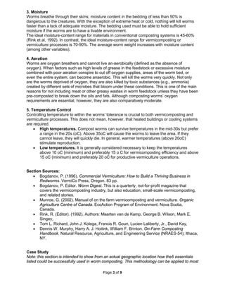 Page 3 of 9
3. Moisture
Worms breathe through their skins; moisture content in the bedding of less than 50% is
dangerous to the creatures. With the exception of extreme heat or cold, nothing will kill worms
faster than a lack of adequate moisture. The bedding used must be able to hold sufficient
moisture if the worms are to have a livable environment.
The ideal moisture-content range for materials in conventional composting systems is 45-60%
(Rink et al, 1992). In contrast, the ideal moisture-content range for vermicomposting or
vermiculture processes is 70-90%. The average worm weight increases with moisture content
(among other variables).
4. Aeration
Worms are oxygen breathers and cannot live an-aerobically (defined as the absence of
oxygen). When factors such as high levels of grease in the feedstock or excessive moisture
combined with poor aeration conspire to cut off oxygen supplies, areas of the worm bed, or
even the entire system, can become anaerobic. This will kill the worms very quickly. Not only
are the worms deprived of oxygen, they are also killed by toxic substances (e.g., ammonia)
created by different sets of microbes that bloom under these conditions. This is one of the main
reasons for not including meat or other greasy wastes in worm feedstock unless they have been
pre-composted to break down the oils and fats. Although composting worms’ oxygen
requirements are essential, however, they are also comparatively moderate.
5. Temperature Control
Controlling temperature to within the worms’ tolerance is crucial to both vermicomposting and
vermiculture processes. This does not mean, however, that heated buildings or cooling systems
are required.
• High temperatures. Compost worms can survive temperatures in the mid-30s but prefer
a range in the 20s (oC). Above 35oC will cause the worms to leave the area. If they
cannot leave, they will quickly die. In general, warmer temperatures (above 20oC)
stimulate reproduction.
• Low temperatures. It is generally considered necessary to keep the temperatures
above 10 oC (minimum) and preferably 15 o C for vermicomposting efficiency and above
15 oC (minimum) and preferably 20 oC for productive vermiculture operations.
Section Sources:
• Bogdanov, P. (1996). Commercial Vermiculture: How to Build a Thriving Business in
Redworms. VermiCo Press, Oregon. 83 pp.
• Bogdanov, P. Editor. Worm Digest. This is a quarterly, not-for-profit magazine that
covers the vermicomposting industry, but also education, small-scale vermicomposting,
and related stories.
• Munroe, G. (2002). Manual of on the farm vermicomposting and vermiculture. Organic
Agriculture Centre of Canada. EcoAction Program of Environment. Nova Scotia,
Canada.
• Rink, R. (Editor). (1992). Authors: Maarten van de Kamp, George B. Wilson, Mark E.
Singey,
• Tom L. Richard, John J. Kolega, Francis R. Goun, Lucien Laliberty, Jr., David Kay,
• Dennis W. Murphy, Harry A. J. Hoitink, William F. Brinton. On-Farm Composting
Handbook. Natural Resource, Agriculture, and Engineering Service (NRAES-54), Ithaca,
NY.
Case Study
Note: this section is intended to show from an actual geographic location how the5 essentials
listed could be successfully used in worm composting. This methodology can be applied to most
 