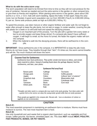 What to do with the extra worm crop:
The worm population will need to be thinned from time to time so they will not over-produce for the
size of container. Harvest as needed and put the extra worms in the garden or other compost bins,
or give them to friends and neighbors. When planting extra worms in the garden, place about 200
worms in a 12-in. x 12-in. hole with worm bedding. Space the holes 10 feet apart. Keep the area
moist, but not flooded. A good worm population can run from 300,000 (7/sq.ft.) to 2,000,000 (45/sq.
ft.) per ac. Some soils produce yields as high as 6,000,000 (140/sq. ft.).
To speed the process, use steer manure or other organic fertilizer and water well. Do not forget to
water often enough to keep the pile damp, but not wet or soggy. In cooler weather, covering the pile
with plastic for a week or so will build heat and speed the decaying process.
1. Oxygen is an important part of the process. Turn the pile with a garden fork every week or
two to provide oxygen and keep things stirred. If a compost pile doesn't have sufficient
oxygen, it will begin to smell, so the more it's turned, the faster the organic matter will turn
into compost.
2. When the material is well into the decaying process, there will be earthworms in the com-
post pile.
IMPORTANT: Once earthworms are in the compost, it is IMPERATIVE to keep the pile moist.
Worms do not have lungs. They breathe through their "skin". If it dries out, the worm cannot breathe
and will die. Too much moisture will drown the worm.
GGoouurrmmeett FFoooodd ffoorr EEaarrtthhwwoorrmmss::
Earthworms have food preferences. They prefer certain tree leaves to others, and certain
plant material to others. Instead of putting foods down the garbage disposal, feed the
earthworms, and later, your plants.
EEaarrtthhwwoorrmm PPrreeff eerrrreedd FFoooodd
Banana peels Cabbage Tea leaves
Orange peels Carrots Coffee grounds
Apples Celery Leftover Jack ‘o Lanterns*
Grapefruit rinds Cucumbers Watermelon rinds
Pears Lettuce Cantaloupe rinds
Tomatoes Beans Corn meal
Onion peels Broccoli
Kale
*Pumpkin and other seeds in a compost pile may result in the seeds growing. Turn them under with
a garden fork so the worms can enjoy the young tender growth while they are newly sprouted.
Many people put eggshells in the compost pile. Nevada soils have an abundance of calcium so
eggshells are not recommended.
CAUTION
RULE #1:
The most essential component in maintaining an earthworm farm is moisture. Worms must have
moisture to survive. The next most important item is food.
RULE #2:
Use only household and yard waste that is organic plant byproduct, such as vegetable and fruit
scraps, coffee grounds, tea leaves, shredded paper, etc. This does NOT include MEAT, POULTRY,
FISH PRODUCTS, BONES, OR PET WASTE.
 
