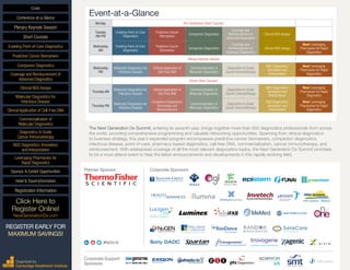 Event-at-a-Glance
Monday Pre-Conference Short Courses*
Tuesday
AM-PM
Enabling Point-of-Care
Diagnostics
Predictive Cancer
Biomarkers
Companion Diagnostics
Coverage and
Reimbursement of
Advanced Diagnostics
Clinical NGS Assays
Wednesday
AM
Enabling Point-of-Care
Diagnostics
Predictive Cancer
Biomarkers
Companion Diagnostics
Coverage and
Reimbursement of
Advanced Diagnostics
Clinical NGS Assays
New! Leveraging
Pharmacies for Rapid
Diagnostics
Plenary Keynote Session
Wednesday
PM
Molecular Diagnostics for
Infectious Disease
Clinical Application of
Cell-Free DNA
Commercialization of
Molecular Diagnostics
Diagnostics to Guide
Cancer Immunotherapy
NGS Diagnostics:
Annotation and
Interpretation
New! Leveraging
Pharmacies for Rapid
Diagnostics
Dinner Short Courses*
Thursday AM
Molecular Diagnostics for
Infectious Disease
Clinical Application of
Cell-Free DNA
Commercialization of
Molecular Diagnostics
Diagnostics to Guide
Cancer Immunotherapy
NGS Diagnostics:
Annotation and
Interpretation
New! Leveraging
Pharmacies for Rapid
Diagnostics
Thursday PM
Molecular Diagnostics for
Infectious Disease
Companion Diagnostics:
Technology and
Reimbursement
Commercialization of
Molecular Diagnostics
Diagnostics to Guide
Cancer Immunotherapy
NGS Diagnostics:
Annotation and
Interpretation
New! Leveraging
Pharmacies for Rapid
Diagnostics
The Next Generation Dx Summit, entering its seventh year, brings together more than 800 diagnostics professionals from across
the world, providing comprehensive programming and valuable networking opportunities. Spanning from clinical diagnostics
to business strategy, this year’s expanded program encompasses predictive cancer biomarkers, companion diagnostics,
infectious disease, point-of-care, pharmacy-based diagnostics, cell-free DNA, commercialization, cancer immunotherapy, and
reimbursement. With widespread coverage of all the most relevant diagnostics topics, the Next Generation Dx Summit promises
to be a must-attend event to hear the latest announcements and developments in this rapidly evolving field.
Premier Sponsor
Corporate Support
Sponsors
Corporate Sponsors
MICRO-ENGINEERING / MEDICAL / MANUFACTURING
#NGDx15
AdvancingPersonalizedMedicine
Transgenomic®
Cover
Enabling Point-of-Care Diagnostics
Predictive Cancer Biomarkers
Companion Diagnostics
Coverage and Reimbursement of
Advanced Diagnostics
Clinical NGS Assays
Molecular Diagnostics for
Infectious Disease
Clinical Application of Cell-Free DNA
Commercialization of
Molecular Diagnostics
Diagnostics to Guide
Cancer Immunotherapy
NGS Diagnostics: Annotation
and Interpretation
Leveraging Pharmacies for
Rapid Diagnostics
Sponsor & Exhibit Opportunities
Conference-at-a-Glance
Hotel & Travel Information
Plenary Keynote Session
Short Courses
Registration Information
Click Here to
Register Online!
NextGenerationDx.com
Organized by
Cambridge Healthtech Institute
REGISTER EARLY FOR
MAXIMUM SAVINGS!
 