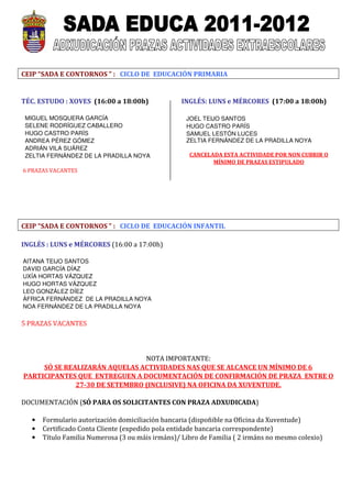 CEIP “SADA E CONTORNOS ” : CICLO DE EDUCACIÓN PRIMARIA


TÉC. ESTUDO : XOVES (16:00 a 18:00h)               INGLÉS: LUNS e MÉRCORES (17:00 a 18:00h)

 MIGUEL MOSQUERA GARCÍA                             JOEL TEIJO SANTOS
 SELENE RODRÍGUEZ CABALLERO                         HUGO CASTRO PARÍS
 HUGO CASTRO PARÍS                                  SAMUEL LESTÓN LUCES
 ANDREA PÉREZ GÓMEZ                                 ZELTIA FERNÁNDEZ DE LA PRADILLA NOYA
 ADRIÁN VILA SUÁREZ
 ZELTIA FERNÁNDEZ DE LA PRADILLA NOYA                CANCELADA ESTA ACTIVIDADE POR NON CUBRIR O
                                                            MÍNIMO DE PRAZAS ESTIPULADO
6 PRAZAS VACANTES




CEIP “SADA E CONTORNOS ” : CICLO DE EDUCACIÓN INFANTIL

INGLÉS : LUNS e MÉRCORES (16:00 a 17:00h)

AITANA TEIJO SANTOS
DAVID GARCÍA DÍAZ
UXÍA HORTAS VÁZQUEZ
HUGO HORTAS VÁZQUEZ
LEO GONZÁLEZ DÍEZ
ÁFRICA FERNÁNDEZ DE LA PRADILLA NOYA
NOA FERNÁNDEZ DE LA PRADILLA NOYA

5 PRAZAS VACANTES



                                NOTA IMPORTANTE:
     SÓ SE REALIZARÁN AQUELAS ACTIVIDADES NAS QUE SE ALCANCE UN MÍNIMO DE 6
PARTICIPANTES QUE ENTREGUEN A DOCUMENTACIÓN DE CONFIRMACIÓN DE PRAZA ENTRE O
              27-30 DE SETEMBRO (INCLUSIVE) NA OFICINA DA XUVENTUDE.

DOCUMENTACIÓN (SÓ PARA OS SOLICITANTES CON PRAZA ADXUDICADA)

   •   Formulario autorización domiciliación bancaria (dispoñible na Oficina da Xuventude)
   •   Certificado Conta Cliente (expedido pola entidade bancaria correspondente)
   •   Título Familia Numerosa (3 ou máis irmáns)/ Libro de Familia ( 2 irmáns no mesmo colexio)
 