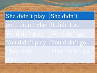 She didn’t play She didn’t 
go It didn’t play It didn’t go 
We didn’t play We didn’t go 
You didn’t play You didn’t go 
They didn’t 
play 
They didn’t go 
 