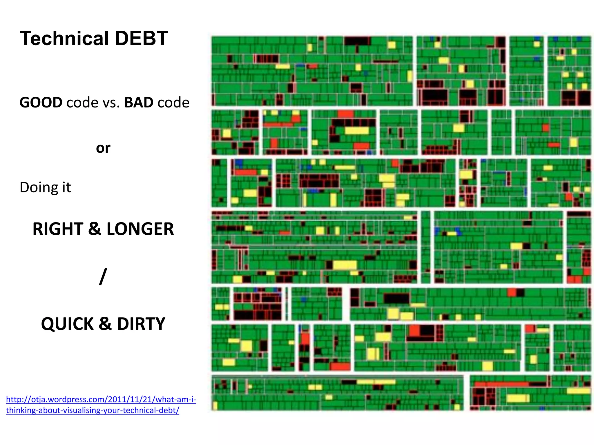 Technical DEBTf Quality
http://otja.wordpress.com/2011/11/21/what-am-i-
thinking-about-visualising-your-technical-debt/
GOOD code vs. BAD code
or
Doing it
RIGHT & LONGER
/
QUICK & DIRTY
 