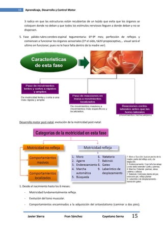 15       Aprendizaje, Desarrollo y Control Motor


     3 radica en que las estructuras están recubiertas de un tejido que evita que los órganos se
     coloquen donde no deban y que todos los estímulos nerviosos lleguen a donde deban y no se
     dispersen.

5. Fase pálido-rubro-cerebro-espinal tegumentaria: 6º-9º mes; perfección de reflejos y
    comienzan a funcionar los órganos sensoriales (1º el oído, táctil propioceptivo,… visual será el
    ultimo en funcionar; pues no le hace falta dentro de la madre ver).




Desarrollo motor post-natal; evolución de la motricidad post-natal:




1. Desde el nacimiento hasta los 6 meses:
     -      Motricidad fundamentalmente refleja.

     -      Evolución del tono muscular.
     -      Comportamientos encaminados a la adquisición del ortoestatismo (caminar a dos pies);


          Javier Sierra                Fran Sánchez                   Cayetano Serna         15
 