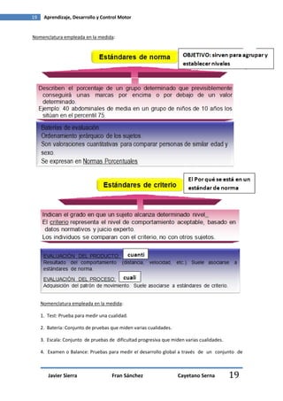 19    Aprendizaje, Desarrollo y Control Motor


Nomenclatura empleada en la medida:




     Nomenclatura empleada en la medida:

     1. Test: Prueba para medir una cualidad.

     2. Batería: Conjunto de pruebas que miden varias cualidades.

     3. Escala: Conjunto de pruebas de dificultad progresiva que miden varias cualidades.

     4. Examen o Balance: Pruebas para medir el desarrollo global a través de un conjunto de



        Javier Sierra                Fran Sánchez                   Cayetano Serna          19
 