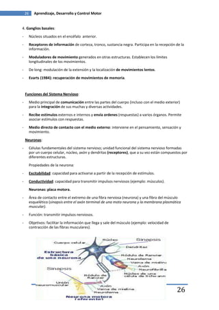 26      Aprendizaje, Desarrollo y Control Motor


4. Ganglios basales:

-        Núcleos situados en el encéfalo anterior.
-        Receptores de información de corteza, tronco, sustancia negra. Participa en la recepción de la
         información.
-        Moduladores de movimiento generados en otras estructuras. Establecen los límites
         longitudinales de los movimientos.
-        De long: modulación de la extensión y la localización de movimientos lentos.

-        Evarts (1984): recuperación de movimientos de memoria.



    Funciones del Sistema Nervioso:
-        Medio principal de comunicación entre las partes del cuerpo (incluso con el medio exterior)
         para la integración de sus muchas y diversas actividades.
-        Recibe estímulos externos e internos y envía ordenes (respuestas) a varios órganos. Permite
         asociar estímulos con respuestas.
-        Medio directo de contacto con el medio externo: interviene en el pensamiento, sensación y
         movimiento.

    Neuronas:
-        Células fundamentales del sistema nervioso; unidad funcional del sistema nervioso formadas
         por un cuerpo celular, núcleo, axón y dendritas (receptores), que a su vez están compuestos por
         diferentes estructuras.
         Propiedades de la neurona:
-        Excitabilidad: capacidad para activarse a partir de la recepción de estímulos.

-        Conductividad: capacidad para transmitir impulsos nerviosos (ejemplo: músculos).
         Neuronas: placa motora.
-        Área de contacto entre el extremo de una fibra nerviosa (neurona) y una fibra del músculo
         esquelético (sinapsis entre el axón terminal de una moto neurona y la membrana plasmática
         muscular).

-        Función: transmitir impulsos nerviosos.
-        Objetivos: facilitar la información que llega y sale del músculo (ejemplo: velocidad de
         contracción de las fibras musculares).




              Javier Sierra                 Fran Sánchez                    Cayetano Serna         26
 