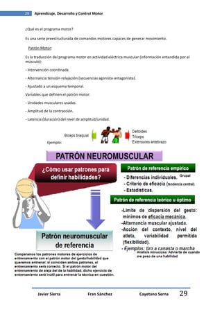 29   Aprendizaje, Desarrollo y Control Motor


¿Qué es el programa motor?

Es una serie preestructurada de comandos motores capaces de generar movimiento.

 Patrón Motor:

Es la traducción del programa motor en actividad eléctrica muscular (información entendida por el
músculo):

- Intervención coordinada.
- Alternancia tensión-relajación (secuencias agonista-antagonista).

- Ajustado a un esquema temporal.
Variables que definen el patrón motor:

- Unidades musculares usadas.

- Amplitud de la contracción.
- Latencia (duración) del nivel de amplitud/unidad.




             Ejemplo:




       Javier Sierra                 Fran Sánchez                     Cayetano Serna      29
 