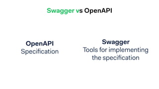 Swagger vs OpenAPI
OpenAPI
Speciﬁcation
Swagger
Tools for implementing
the speciﬁcation
 