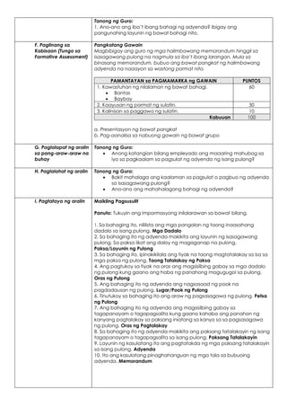 Tanong ng Guro:
1. Ano-ano ang iba’t ibang bahagi ng adyenda? Ibigay ang
pangunahing layunin ng bawat bahagi nito.
F. Paglinang sa
Kabisaan (Tungo sa
Formative Assessment)
Pangkatang Gawain
Magbibigay ang guro ng mga halimbawang memorandum hinggil sa
isasagawang pulong na nagmula sa iba’t ibang larangan. Mula sa
binasang memorandum, bubuo ang bawat pangkat ng halimbawang
adyenda na naaayon sa wastong pormat nito.
PAMANTAYAN sa PAGMAMARKA ng GAWAIN PUNTOS
1. Kawastuhan ng nilalaman ng bawat bahagi.
 Bantas
 Baybay
60
2. Kaayusan ng pormat ng sulatin. 30
3. Kalinisan sa paggawa ng sulatin. 10
Kabuuan 100
a. Presentasyon ng bawat pangkat
b. Pag-aanalisa sa nabuong gawain ng bawat grupo
G. Paglalapat ng aralin
sa pang-araw-araw na
buhay
Tanong ng Guro:
 Anong katangian bilang empleyado ang maaaring mahubog sa
iyo sa pagkaalam sa pagsulat ng adyenda ng isang pulong?
H. Paglalahat ng aralin Tanong ng Guro:
 Bakit mahalaga ang kaalaman sa pagsulat o pagbuo ng adyenda
sa isasagawang pulong?
 Ano-ano ang mahahalagang bahagi ng adyenda?
I. Pagtataya ng aralin Maikling Pagsusulit
Panuto: Tukuyin ang impormasyong inilalarawan sa bawat bilang.
1. Sa bahaging ito, nililista ang mga pangalan ng taong inaasahang
dadalo sa isang pulong. Mga Dadalo
2. Sa bahaging ito ng adyenda makikita ang layunin ng isasagawang
pulong. Sa paksa iikot ang daloy ng magaganap na pulong.
Paksa/Layunin ng Pulong
3. Sa bahaging ito, ipinakikilala ang tiyak na taong magtatalakay sa isa sa
mga paksa ng pulong. Taong Tatalakay ng Paksa
4. Ang pagtukoy sa tiyak na oras ang magsisilbing gabay sa mga dadalo
ng pulong kung gaano ang haba ng panahong magugugol sa pulong.
Oras ng Pulong
5. Ang bahaging ito ng adyenda ang nagsasaad ng pook na
pagdadausan ng pulong. Lugar/Pook ng Pulong
6. Tinutukoy sa bahaging ito ang araw ng pagsasagawa ng pulong. Petsa
ng Pulong
7. Ang bahaging ito ng adyenda ang magsisilbing gabay sa
tagapanayam o tagapagsalita kung gaano kahaba ang panahon ng
kanyang pagtalakay sa paksang iniatang sa kanya sa sa pagsasagawa
ng pulong. Oras ng Pagtalakay
8. Sa bahaging ito ng adyenda makikita ang paksang tatalakayin ng isang
tagapanayam o tagapagsalita sa isang pulong. Paksang Tatalakayin
9. Layunin ng kasulatang ito ang pagtatakda ng mga paksang tatalakayin
sa isang pulong. Adyenda
10. Ito ang kasulatang pinaghahanguan ng mga tala sa bubuoing
adyenda. Memorandum
 