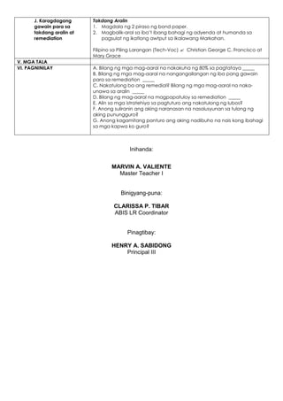 J. Karagdagang
gawain para sa
takdang aralin at
remediation
Takdang Aralin
1. Magdala ng 2 piraso ng bond paper.
2. Magbalik-aral sa iba’t ibang bahagi ng adyenda at humanda sa
pagsulat ng ikatlong awtput sa Ikalawang Markahan.
Filipino sa Piling Larangan (Tech-Voc)  Christian George C. Francisco at
Mary Grace
V. MGA TALA
VI. PAGNINILAY A. Bilang ng mga mag-aaral na nakakuha ng 80% sa pagtataya _____
B. Bilang ng mga mag-aaral na nangangailangan ng iba pang gawain
para sa remediation _____
C. Nakatulong ba ang remedial? Bilang ng mga mag-aaral na naka-
unawa sa aralin _____
D. Bilang ng mag-aaral na magpapatuloy sa remediation _____
E. Alin sa mga istratehiya sa pagtuturo ang nakatulong ng lubos?
F. Anong suliranin ang aking naranasan na nasolusyunan sa tulong ng
aking punungguro?
G. Anong kagamitang panturo ang aking nadibuho na nais kong ibahagi
sa mga kapwa ko guro?
Inihanda:
MARVIN A. VALIENTE
Master Teacher I
Binigyang-puna:
CLARISSA P. TIBAR
ABIS LR Coordinator
Pinagtibay:
HENRY A. SABIDONG
Principal III
 