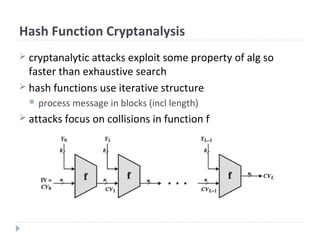 Hash Function Cryptanalysis
 cryptanalytic attacks exploit some property of alg so
faster than exhaustive search
 hash functions use iterative structure
 process message in blocks (incl length)
 attacks focus on collisions in function f
 