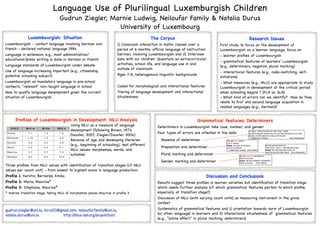Language Use of Plurilingual Luxemburgish Children
                                 Gudrun Ziegler, Marnie Ludwig, Neiloufar Family & Natalia Durus
                                                   University of Luxembourg
               Luxembourgish: Situation                                                  The Corpus                                                            Research Issues
Luxembourgish - contact language involving German and                1) Classroom interaction in maths classes over a            First study to focus on the development of
French - declared national language 1984                             period of 6 months, ofﬁcial language of instruction:        Luxembourgish as a learner language, focus on
Language in extension, e.g., most administrative/                    German, involving Luxembourgish and 2) Interview            - learner proﬁles of Luxembourgish
educational/press writing is done in German or French                data with six children: Questions on extracurricular
                                                                                                                                 - grammatical features of learners' Luxembourgish
Language standards of Luxembourgish under debate                     activities, school life, and language use in and
                                                                                                                                 (e.g., determiners, negation, plural marking)
                                                                     outside of classroom
Use of language increasing important (e.g., citizenship,                                                                         - interactional features (e.g., code-switching, self-
potential schooling subject)                                         Ages 7-8, heterogenous linguistic backgrounds
                                                                                                                                 initiations)
Luxembourgish as mandatory language in pre-school                                                                                - What measures (e.g., MLU) are appropriate to study
contexts, "relevant" non-taught language in school                   Coded for morphological and interactional features          Luxembourgish in development at the critical period
How to qualify language development given the current                Tracing of language development and interactional           when schooling begins ? (FLA vs. SLA)
situation of Luxembourgish                                           situatedness                                                - What kind of errors can we identify? How do they
                                                                                                                                 relate to ﬁrst and second language acquisition in
                                                                                                                                 related languages (e.g., German)?


          Proﬁles of Luxembourgish in Development: MLU Analysis                                                      Grammatical features: Determiners
                                        Using MLU as a measure of language                  Determiners in Luxembourgish take case, number, and gender
                                        development (following Brown, 1973,
   CHILD      MLU m   MLUw      MLU s

                                                                                            Four types of errors are attested in the data:
                                                                                                                                                              an dann * lehrer kommen an dann huet * gesot
 Emilia        1.1      1.2      1.5
                                        Dauster, 2007, Ziegler/Dauster 2004)                                                                                  and then teacher come&PRES-3PL and then have&PRES-3SG said
                                                                                                                                                              [target: and the teacher comes and he said]
 Bernardo      1.75     1.2      2.5                                                                                                                          * = determiner missing! !   !   !   !   !   ! [from Stephane]
                                        Because of age and developing literacies            ! Absence of determiner                  ech ginn op * schoul
 Kerstin       2.2      2.2      3.3
                                        (e.g., beginning of schooling), test different
                                                                                                                                     I go on school

                                                                                            ! Preposition and determiner             target: ech ginn an dʼschoul               bei dei grouss bierch do
 Mario         4.3      4.3      6.1                                                                                                 I go to the school                         near the&PL big&PL mountain&SG there
                                        MLU values: morphemes, words, and                                                            * = determiner missing! [from Mario]       target: bei den groussen bierch do
 Maurice       5.7      5.7      7.2                                                                                                                                            near the big mountain there! [from Stephane]
                                        syllables                                           ! Plural marking and determiner                        dat ass eng&FEM land&MASC
 Stephan       9.4      9.4      12.6
                                                                                                                                                   that is a country
                                                                                            ! Gender marking and determiner                        target: dat ass en&MASC land&MASC
                                                                                                                                                   that is a country ! [from Mario]
Three proﬁles from MLU values with identiﬁcation of transition stages (cf. MLU
values per count unit) - from lowest to highest score in language production:
Proﬁle 1: Kerstin, Bernardo, Emilia                                                                                       Discussion and Conclusions
Proﬁle 2: Mario, Maurice*                                                                   Results suggest three proﬁles in learner varieties but identiﬁcation of transition stage
Proﬁle 3: Stephane, Maurice*                                                                which needs further analysis (cf. which grammatical features pertain to which proﬁle,
* makres transition stage, taking MLU of morphemes places Maurice in proﬁle 3               especially at transition stage?)
                                                                                            Discussion of MLU (with varying count units) as measuring instrument in the givne
                                                                                            context
gudrun.ziegler@uni.lu, kiru103@gmail.com, neiloufar.family@uni.lu,                          Systematics of grammatical features and 1) orientation towards norm of Luxembourgish
natalia.durus@uni.lu! ! ! ! ! ! ! http:/
                    !                   /dica-lab.org/acquisition/                          (or other language) in learners and 2) interactional situatedness of grammatical features
                                                                                            (e.g., "online effect" in plural marking; determiners)
 