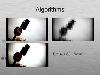 Algorithms
原始影像
演算法
模擬LED光學特性
模擬光學膜特性
模擬面板顯示影像
 ij ij ijY L P factor  
 