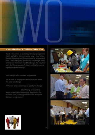 3. RE-ENERGISING & COURSE CORRECTION

Rapid intervention of a strategy/change programme
that is stalled or failing in some way – may follow
Trouble Shooting and Diagnosis or be a variant of
that. This is designed specifically for change weary
enterprises that really need to change the way they
work but have repeatedly been unable to make a
significant breakthrough.

Reasons to engage:

• At the sign of a troubled programme

• It is hard to engage the workforce and make
the case for change

• There is clear resistance or apathy to change

How we can help: Storytelling, on-boarding
teams, creating ambassadors, developing the
business case, creating relevance for everyone,
decision compression.




                                                       20
 