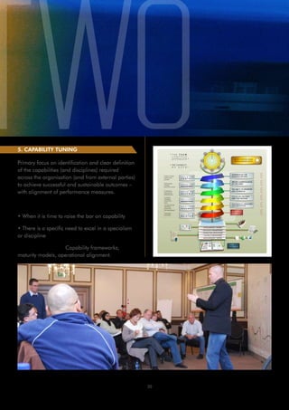 5. CAPABILITY TUNING

Primary focus on identification and clear definition
of the capabilities (and disciplines) required
across the organisation (and from external parties)
to achieve successful and sustainable outcomes –
with alignment of performance measures.

Reasons to engage:

• When it is time to raise the bar on capability

• There is a specific need to excel in a specialism
or discipline

How we can help: Capability frameworks,
maturity models, operational alignment.




                                                       20
 