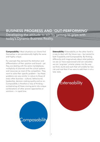 BUSINESS PROGRESS AND ‘OUT-PERFORMING’
Developing the attitude to win by getting to grips with
today’s Dynamic Business Reality.


Composability : Most situations our clients find        Extensability : Extensability on the other hand is
themselves in are paradoxically highly the same         a way to deal with the future now – but central to
and highly unique.                                      both Capability and Composability. By thinking
                                                        differently and imaginatively about what patterns
For example they demand the distinction and             we see (or have experienced and can calculate)
differentiation of their position and brand – yet       we can ‘engineer’ smarter pieces into the way
they are dealing with the same marketplaces,            we think, build and work that will enable far less
multiplicity of channels and the critical systems       risk and cost than if we were to add them in at a
and resources as most of the competition. They          later date.
want to solve their specific problem – but these
problems are very similar in nature to those of
every other business – cultural, behavioural,

                                                                Extensability
leadership, decision making quality and so on.
Composabilty is therefore a way of thinking –
orchestrating all these moving parts into unique
combinations of other proven approaches or
solutions – in rapid time.




                                                    3
 
