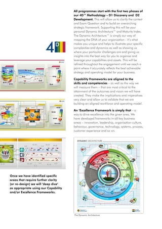 All programmes start with the first two phases of
                                      our 4D™ Methodology – D1 Discovery and D2
                                      Development. This will allow us to clarify the context
                                      and Exam Question and to build an overarching
                                      strategic framework. Supporting this will be your
                                      personal Dynamic Architecture™ and Maturity Index.
                                      The Dynamic Architecture™ is simply our way of
                                      mapping the DNA of your organisation - it’s what
                                      makes you unique and helps to illustrate your specific
                                      complexities and dynamics as well as showing us
                                      where your particular challenges are and giving us
                                      insights into the best way for you to organise and
                                      leverage your capabilities and assets. This will be
                                      refined throughout the engagement until we reach a
                                      point where it accurately reflects the best achievable
                                      strategy and operating model for your business.

                                      Capability Frameworks are aligned to the
                                      skills and competencies – as well as the way we
                                      will measure them – that are most critical to the
                                      attainment of the outcomes and vision we will have
                                      created. They make the implications and imperatives
                                      very clear and allow us to validate that we are
                                      building an aligned workforce and operating model.

                                      An ‘Excellence Framework is simply that – a
                                      way to drive excellence into the given area. We
                                      have developed frameworks in all key business
                                      areas – innovation, leadership, organisation culture,
                                      behaviour, governance, technology, systems, process,
                                      customer experience and so on.




Once we have identified specific
areas that require further clarity
(or re-design) we will ‘deep dive’
as appropriate using our Capability
and/or Excellence Frameworks.




                                      The Dynamic Architecture
 