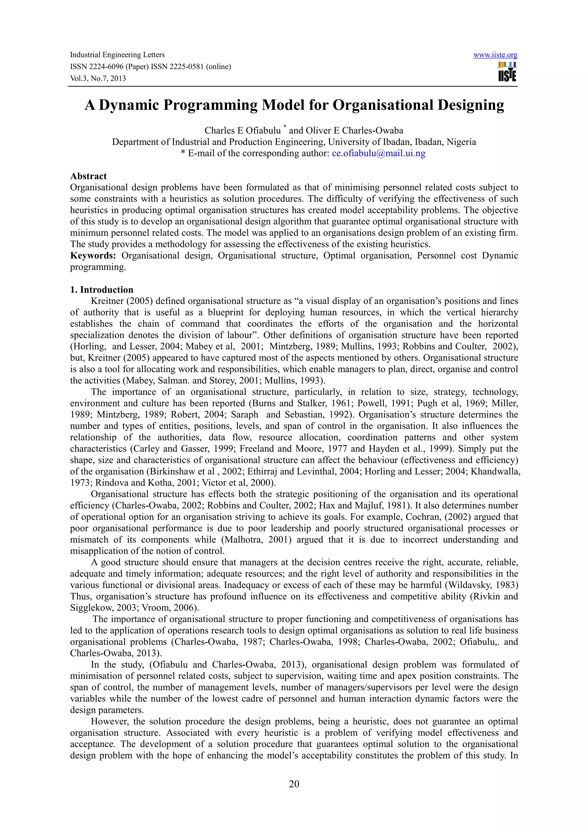 A dynamic programming model for organisational designing | PDF