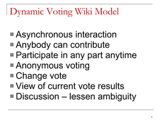 Dynamic Voting Wiki Model Asynchronous interaction Anybody can contribute Participate in any part anytime Anonymous voting  Change vote View of current vote results Discussion – lessen ambiguity 