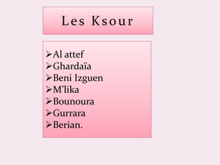 Les Ksour







Al attef
Ghardaïa
Beni Izguen
M’lika
Bounoura
Gurrara
Berian.
 