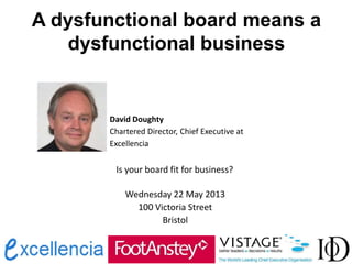 A dysfunctional board means a
dysfunctional business
David Doughty
Chartered Director, Chief Executive at
Excellencia
Is your board fit for business?
Wednesday 22 May 2013
100 Victoria Street
Bristol
 