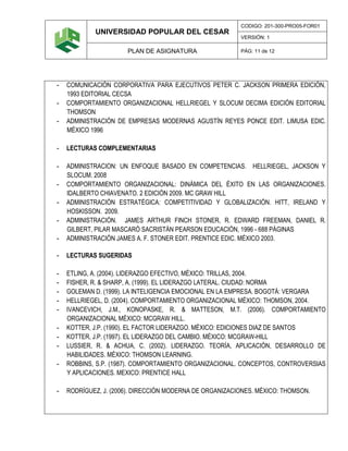 UNIVERSIDAD POPULAR DEL CESAR
CODIGO: 201-300-PRO05-FOR01
VERSIÓN: 1
PLAN DE ASIGNATURA PÁG: 11 de 12
- COMUNICACIÓN CORPORATIVA PARA EJECUTIVOS PETER C. JACKSON PRIMERA EDICIÓN,
1993 EDITORIAL CECSA
- COMPORTAMIENTO ORGANIZACIONAL HELLRIEGEL Y SLOCUM DECIMA EDICIÓN EDITORIAL
THOMSON
- ADMINISTRACIÓN DE EMPRESAS MODERNAS AGUSTÍN REYES PONCE EDIT. LIMUSA EDIC.
MÉXICO 1996
- LECTURAS COMPLEMENTARIAS
- ADMINISTRACION: UN ENFOQUE BASADO EN COMPETENCIAS. HELLRIEGEL, JACKSON Y
SLOCUM. 2008
- COMPORTAMIENTO ORGANIZACIONAL: DINÁMICA DEL ÉXITO EN LAS ORGANIZACIONES.
IDALBERTO CHIAVENATO. 2 EDICIÓN 2009. MC GRAW HILL
- ADMINISTRACIÓN ESTRATÉGICA: COMPETITIVIDAD Y GLOBALIZACIÓN. HITT, IRELAND Y
HOSKISSON. 2009.
- ADMINISTRACIÓN. JAMES ARTHUR FINCH STONER, R. EDWARD FREEMAN, DANIEL R.
GILBERT, PILAR MASCARÓ SACRISTÁN PEARSON EDUCACIÓN, 1996 - 688 PÁGINAS
- ADMINISTRACIÓN JAMES A. F. STONER EDIT. PRENTICE EDIC. MÉXICO 2003.
- LECTURAS SUGERIDAS
- ETLING, A. (2004). LIDERAZGO EFECTIVO, MÉXICO: TRILLAS, 2004.
- FISHER, R. & SHARP, A. (1999). EL LIDERAZGO LATERAL. CIUDAD: NORMA
- GOLEMAN D. (1999). LA INTELIGENCIA EMOCIONAL EN LA EMPRESA. BOGOTÁ: VERGARA
- HELLRIEGEL, D. (2004). COMPORTAMIENTO ORGANIZACIONAL MÉXICO: THOMSON, 2004.
- IVANCEVICH, J.M., KONOPASKE, R. & MATTESON, M.T. (2006). COMPORTAMIENTO
ORGANIZACIONAL MÉXICO: MCGRAW HILL.
- KOTTER, J.P. (1990). EL FACTOR LIDERAZGO. MÉXICO: EDICIONES DIAZ DE SANTOS
- KOTTER, J.P. (1997). EL LIDERAZGO DEL CAMBIO. MÉXICO: MCGRAW-HILL
- LUSSIER, R. & ACHUA, C. (2002). LIDERAZGO. TEORÍA, APLICACIÓN, DESARROLLO DE
HABILIDADES. MÉXICO: THOMSON LEARNING.
- ROBBINS, S.P. (1987). COMPORTAMIENTO ORGANIZACIONAL. CONCEPTOS, CONTROVERSIAS
Y APLICACIONES. MEXICO: PRENTICE HALL
- RODRÍGUEZ, J. (2006). DIRECCIÓN MODERNA DE ORGANIZACIONES. MÉXICO: THOMSON.
 