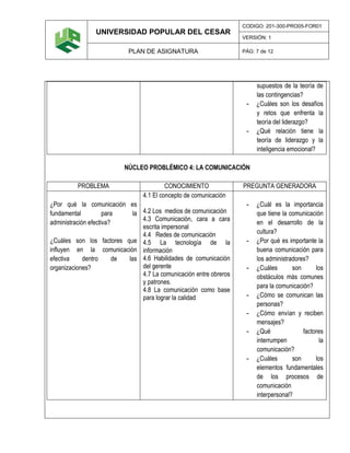 UNIVERSIDAD POPULAR DEL CESAR
CODIGO: 201-300-PRO05-FOR01
VERSIÓN: 1
PLAN DE ASIGNATURA PÁG: 7 de 12
supuestos de la teoría de
las contingencias?
- ¿Cuáles son los desafíos
y retos que enfrenta la
teoría del liderazgo?
- ¿Qué relación tiene la
teoría de liderazgo y la
inteligencia emocional?
NÚCLEO PROBLÉMICO 4: LA COMUNICACIÓN
PROBLEMA CONOCIMIENTO PREGUNTA GENERADORA
¿Por qué la comunicación es
fundamental para la
administración efectiva?
¿Cuáles son los factores que
influyen en la comunicación
efectiva dentro de las
organizaciones?
4.1 El concepto de comunicación
4.2 Los medios de comunicación
4.3 Comunicación, cara a cara
escrita impersonal
4.4 Redes de comunicación
4.5 La tecnología de la
información
4.6 Habilidades de comunicación
del gerente
4.7 La comunicación entre obreros
y patrones.
4.8 La comunicación como base
para lograr la calidad
- ¿Cuál es la importancia
que tiene la comunicación
en el desarrollo de la
cultura?
- ¿Por qué es importante la
buena comunicación para
los administradores?
- ¿Cuáles son los
obstáculos más comunes
para la comunicación?
- ¿Cómo se comunican las
personas?
- ¿Cómo envían y reciben
mensajes?
- ¿Qué factores
interrumpen la
comunicación?
- ¿Cuáles son los
elementos fundamentales
de los procesos de
comunicación
interpersonal?
 