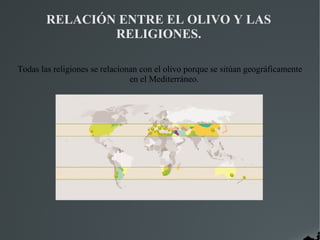 RELACIÓN ENTRE EL OLIVO Y LAS
RELIGIONES.
Todas las religiones se relacionan con el olivo porque se sitúan geográficamente
en el Mediterráneo.
 