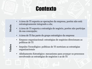 Contexto 
Níveis 
• A área de TI suporta as operações da empresa, porém não está 
estrategicamente integrado a ela; 
• A área de TI suporta a estratégia de negócio, porém não participa 
da sua concepção; 
• A área de TI faz parte do grupo estratégico da empresa 
Visões 
• Empuxo organizacional: estratégias de negócios direcionam as 
políticas de TI 
• Impulso Tecnológico: políticas de TI norteiam as estratégias 
organizacionais 
• Alinhamento Estratégico: mecanismo para avançar os processos 
envolvendo as estratégias de negócios e as de TI 
 