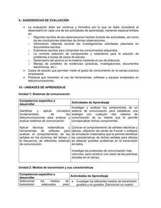 9.- SUGERENCIAS DE EVALUACIÓN

   •   La evaluación debe ser continua y formativa por lo que se debe considerar el
       desempeño en cada una de las actividades de aprendizaje, haciendo especial énfasis
       en:
       o Reportes escritos de las observaciones hechas durante las actividades, así como
            de las conclusiones obtenidas de dichas observaciones.
       o Información obtenida durante las investigaciones solicitadas plasmada en
            documentos escritos.
       o Exámenes escritos para comprobar los conocimientos adquiridos.
       o La correcta selección de componentes y estándares para la solución de
            problemas a través de casos de estudio.
       o Desempeño del alumno en la materia mediante el uso de bitácoras.
       o Manejo de portafolio de evidencias (practicas, investigaciones, documentos
            electrónicos, etc.)
   •   Casos de estudio que permitan medir el grado de conocimiento en el campo práctico
       empresarial.
   •   Prácticas que fomenten el uso de herramientas, software y equipos empleados en
       telecomunicaciones.

10.- UNIDADES DE APRENDIZAJE

Unidad 1: Sistemas de comunicación

Competencia específica a
                                         Actividades de Aprendizaje
desarrollar
                                         Investigar y analizar los componentes de un
Identificar  y    aplicar  conceptos     sistema de comunicación para establecer una
fundamentales           de        las    analogía con cualquier otro sistema de
telecomunicaciones para analizar y       comunicación de su interés que le permita
evaluar sistemas de comunicación.        conceptualizar dichos componentes.

Aplicar técnicas matemáticas y           Conocer el comportamiento de señales eléctricas y
herramientas    de    software    para   ópticas, utilizando las series de Fourier o software
analizar el comportamiento de las        de simulación matemática que le permita identificar
señales en los dominios del tiempo y     las características de dichas señales para efectos
la frecuencia, de diferentes sistemas    de detectar posibles problemas en la transmisión
de comunicación.                         de datos.

                                         Investigar los protocolos de comunicación más
                                         comunes, para construir una visión de las prácticas
                                         actuales en el campo.


Unidad 2: Medios de transmisión y sus características

Competencia específica a
                                         Actividades de Aprendizaje
desarrollar
Seleccionar  los     medios       de     •   Investigar los diferentes medios de transmisión
transmisión   adecuados         para         guiados y no guiados. Estructurar un cuadro
 
