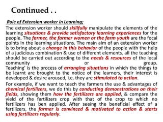 Continued . .
Role of Extension worker in Learning;
The extension worker should skillfully manipulate the elements of the
learning situations & provide satisfactory learning experiences for the
people. The farmer, the farmer women or the farm youth are the focal
points in the learning situations. The main aim of an extension worker
is to bring about a change in this behavior of the people with the help
of a judicious combination & use of different elements. all the teaching
should be carried out according to the needs & resources of the local
community or group.
Teaching' is the process of arranging situations in which the things to
be learnt are brought to the notice of the learners, their interest is
developed & desire aroused, i.e. they are stimulated to action.
For example, if we want to teach the farmers the use & advantages of
chemical fertilizers, we do this by conducting demonstrations on their
fields, showing them how the fertilizers are applied, & compare the
yield of the fertilizers crop with that of the crop to which no
fertilizers has ben applied. After seeing the beneficial effect of a
fertilizers, the farmer is convinced & motivated to action & starts
using fertilizers regularly.
 