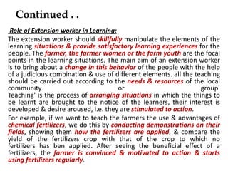 Continued . .
Role of Extension worker in Learning;
The extension worker should skillfully manipulate the elements of the
...