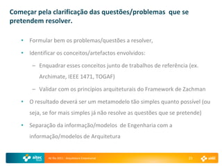 Começar pela clarificação das questões/problemas que se
pretendem resolver.

   • Formular bem os problemas/questões a resolver,

   • Identificar os conceitos/artefactos envolvidos:

       – Enquadrar esses conceitos junto de trabalhos de referência (ex.
          Archimate, IEEE 1471, TOGAF)

       – Validar com os princípios arquiteturais do Framework de Zachman

   • O resultado deverá ser um metamodelo tão simples quanto possível (ou
      seja, se for mais simples já não resolve as questões que se pretende)

   • Separação da informação/modelos de Engenharia com a
      informação/modelos de Arquitetura


             AE Rio 2011 - Arquitetura Empresarial                   23
 