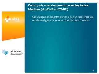 Como gerir o versionamento e evolução dos
                                        Modelos (do AS-IS ao TO-BE )

                                        • A mudança dos modelos obriga a que se mantenha as
                                          versões antigas, como suporte às decisões tomadas




AE Rio 2011 - Arquitetura Empresarial                                                     48
 