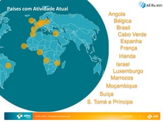 Países com Atividade Atual
                                                           Angola
                                                             Bélgica
                                                              Brasil
                                                              Cabo Verde
                                                                Espanha
                                                                França
                                                               Irlanda
                                                               Israel
                                                              Luxemburgo
                                                             Marrocos
                                                           Moçambique
                                                         Suíça
                                                    S. Tomé e Príncipe

            AE Rio 2011 - Arquitetura Empresarial               15-04-2011   5
 