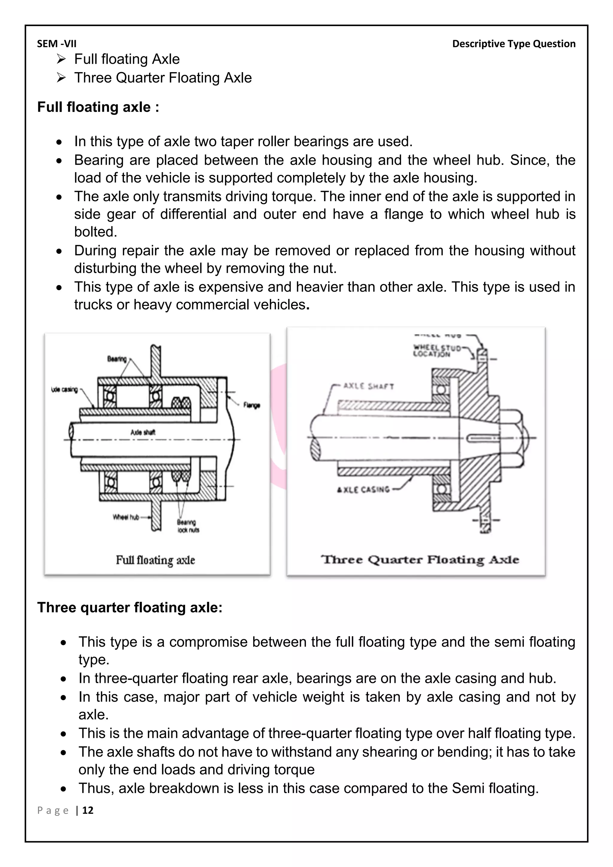 SEM -VII Descriptive Type Question
P a g e | 12
➢ Full floating Axle
➢ Three Quarter Floating Axle
Full floating axle :
• In this type of axle two taper roller bearings are used.
• Bearing are placed between the axle housing and the wheel hub. Since, the
load of the vehicle is supported completely by the axle housing.
• The axle only transmits driving torque. The inner end of the axle is supported in
side gear of differential and outer end have a flange to which wheel hub is
bolted.
• During repair the axle may be removed or replaced from the housing without
disturbing the wheel by removing the nut.
• This type of axle is expensive and heavier than other axle. This type is used in
trucks or heavy commercial vehicles.
Three quarter floating axle:
• This type is a compromise between the full floating type and the semi floating
type.
• In three-quarter floating rear axle, bearings are on the axle casing and hub.
• In this case, major part of vehicle weight is taken by axle casing and not by
axle.
• This is the main advantage of three-quarter floating type over half floating type.
• The axle shafts do not have to withstand any shearing or bending; it has to take
only the end loads and driving torque
• Thus, axle breakdown is less in this case compared to the Semi floating.
 