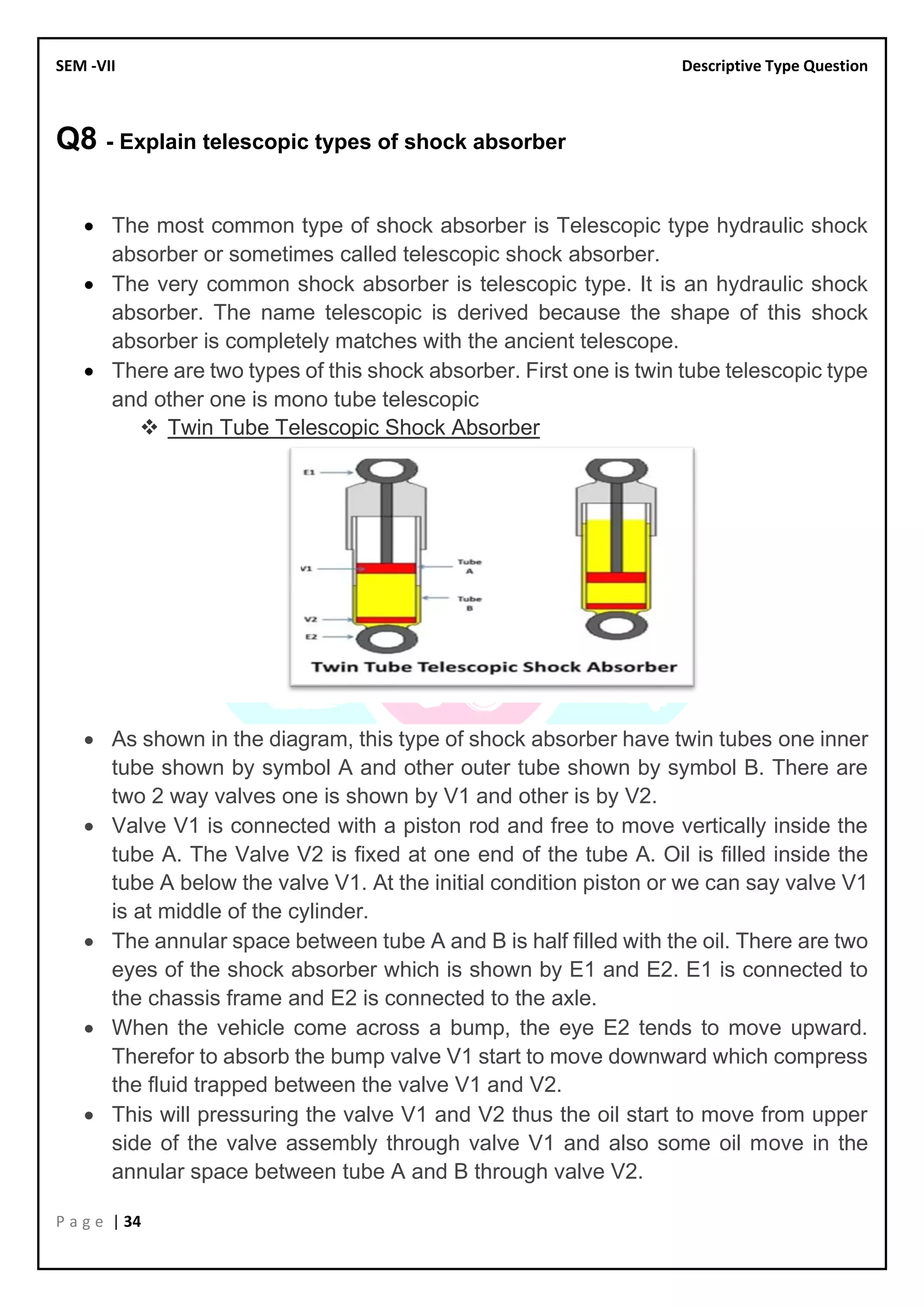 SEM -VII Descriptive Type Question
P a g e | 34
Q8 - Explain telescopic types of shock absorber
• The most common type of shock absorber is Telescopic type hydraulic shock
absorber or sometimes called telescopic shock absorber.
• The very common shock absorber is telescopic type. It is an hydraulic shock
absorber. The name telescopic is derived because the shape of this shock
absorber is completely matches with the ancient telescope.
• There are two types of this shock absorber. First one is twin tube telescopic type
and other one is mono tube telescopic
❖ Twin Tube Telescopic Shock Absorber
• As shown in the diagram, this type of shock absorber have twin tubes one inner
tube shown by symbol A and other outer tube shown by symbol B. There are
two 2 way valves one is shown by V1 and other is by V2.
• Valve V1 is connected with a piston rod and free to move vertically inside the
tube A. The Valve V2 is fixed at one end of the tube A. Oil is filled inside the
tube A below the valve V1. At the initial condition piston or we can say valve V1
is at middle of the cylinder.
• The annular space between tube A and B is half filled with the oil. There are two
eyes of the shock absorber which is shown by E1 and E2. E1 is connected to
the chassis frame and E2 is connected to the axle.
• When the vehicle come across a bump, the eye E2 tends to move upward.
Therefor to absorb the bump valve V1 start to move downward which compress
the fluid trapped between the valve V1 and V2.
• This will pressuring the valve V1 and V2 thus the oil start to move from upper
side of the valve assembly through valve V1 and also some oil move in the
annular space between tube A and B through valve V2.
 