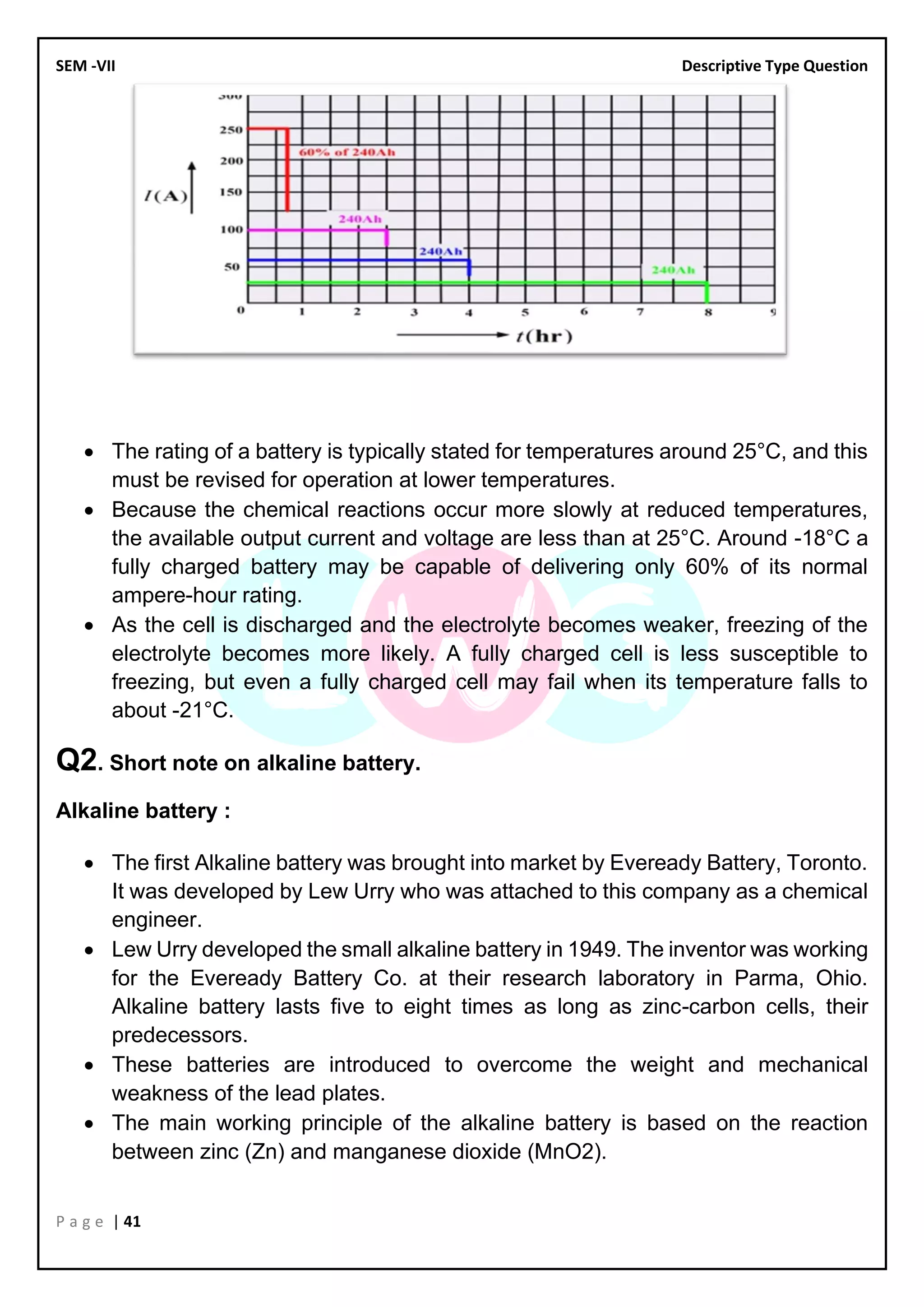 SEM -VII Descriptive Type Question
P a g e | 41
• The rating of a battery is typically stated for temperatures around 25°C, and this
must be revised for operation at lower temperatures.
• Because the chemical reactions occur more slowly at reduced temperatures,
the available output current and voltage are less than at 25°C. Around -18°C a
fully charged battery may be capable of delivering only 60% of its normal
ampere-hour rating.
• As the cell is discharged and the electrolyte becomes weaker, freezing of the
electrolyte becomes more likely. A fully charged cell is less susceptible to
freezing, but even a fully charged cell may fail when its temperature falls to
about -21°C.
Q2. Short note on alkaline battery.
Alkaline battery :
• The first Alkaline battery was brought into market by Eveready Battery, Toronto.
It was developed by Lew Urry who was attached to this company as a chemical
engineer.
• Lew Urry developed the small alkaline battery in 1949. The inventor was working
for the Eveready Battery Co. at their research laboratory in Parma, Ohio.
Alkaline battery lasts five to eight times as long as zinc-carbon cells, their
predecessors.
• These batteries are introduced to overcome the weight and mechanical
weakness of the lead plates.
• The main working principle of the alkaline battery is based on the reaction
between zinc (Zn) and manganese dioxide (MnO2).
 