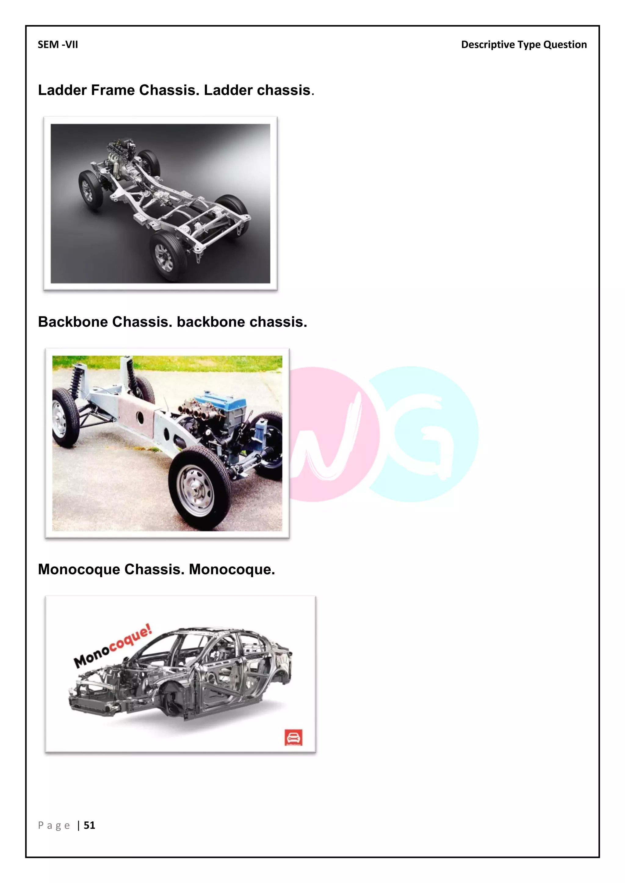 SEM -VII Descriptive Type Question
P a g e | 51
Ladder Frame Chassis. Ladder chassis.
Backbone Chassis. backbone chassis.
Monocoque Chassis. Monocoque.
 