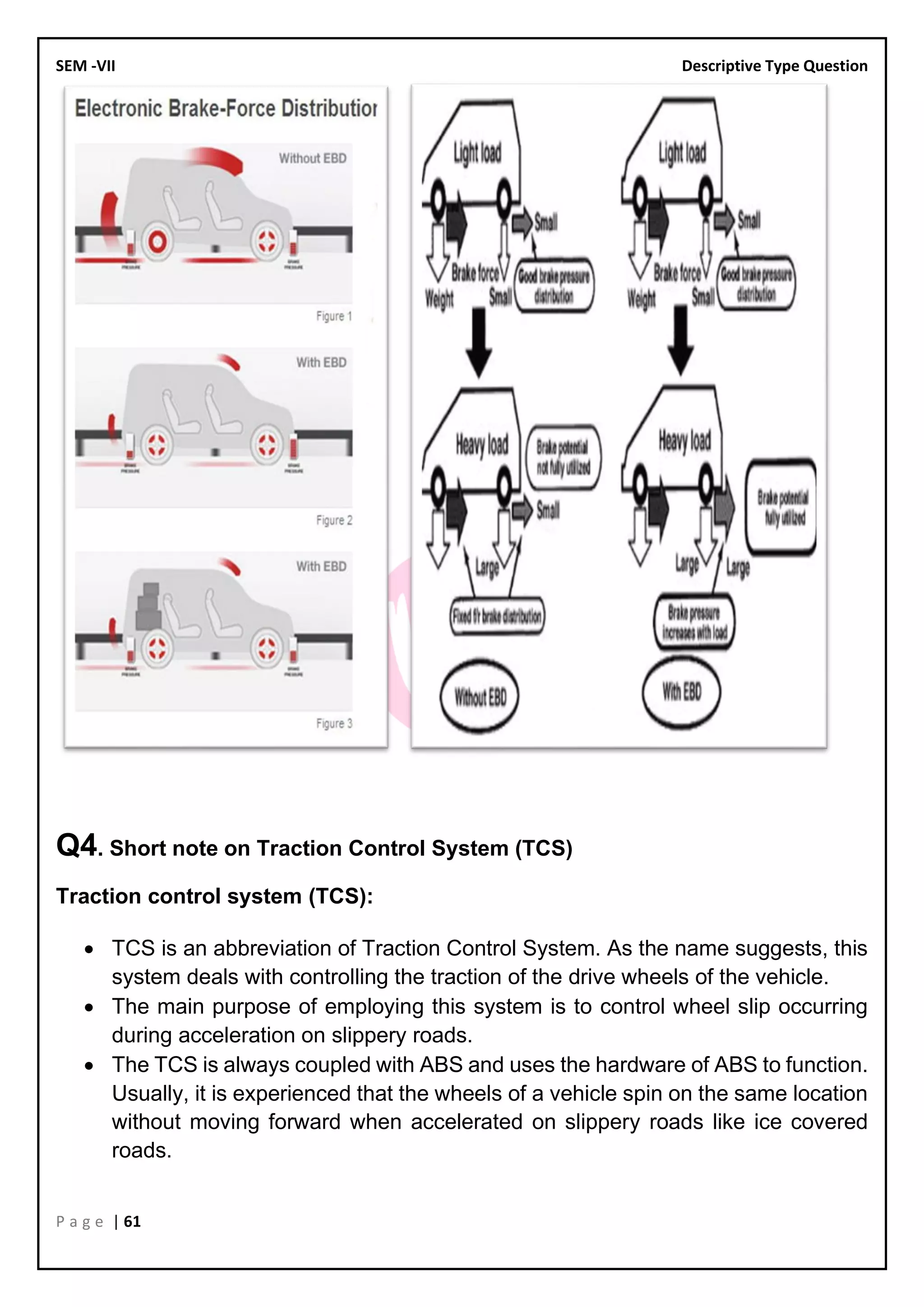 SEM -VII Descriptive Type Question
P a g e | 61
Q4. Short note on Traction Control System (TCS)
Traction control system (TCS):
• TCS is an abbreviation of Traction Control System. As the name suggests, this
system deals with controlling the traction of the drive wheels of the vehicle.
• The main purpose of employing this system is to control wheel slip occurring
during acceleration on slippery roads.
• The TCS is always coupled with ABS and uses the hardware of ABS to function.
Usually, it is experienced that the wheels of a vehicle spin on the same location
without moving forward when accelerated on slippery roads like ice covered
roads.
 