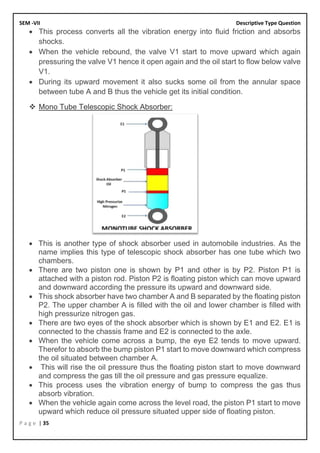 SEM -VII Descriptive Type Question
P a g e | 35
• This process converts all the vibration energy into fluid friction and absorbs
shocks.
• When the vehicle rebound, the valve V1 start to move upward which again
pressuring the valve V1 hence it open again and the oil start to flow below valve
V1.
• During its upward movement it also sucks some oil from the annular space
between tube A and B thus the vehicle get its initial condition.
❖ Mono Tube Telescopic Shock Absorber:
• This is another type of shock absorber used in automobile industries. As the
name implies this type of telescopic shock absorber has one tube which two
chambers.
• There are two piston one is shown by P1 and other is by P2. Piston P1 is
attached with a piston rod. Piston P2 is floating piston which can move upward
and downward according the pressure its upward and downward side.
• This shock absorber have two chamber A and B separated by the floating piston
P2. The upper chamber A is filled with the oil and lower chamber is filled with
high pressurize nitrogen gas.
• There are two eyes of the shock absorber which is shown by E1 and E2. E1 is
connected to the chassis frame and E2 is connected to the axle.
• When the vehicle come across a bump, the eye E2 tends to move upward.
Therefor to absorb the bump piston P1 start to move downward which compress
the oil situated between chamber A.
• This will rise the oil pressure thus the floating piston start to move downward
and compress the gas till the oil pressure and gas pressure equalize.
• This process uses the vibration energy of bump to compress the gas thus
absorb vibration.
• When the vehicle again come across the level road, the piston P1 start to move
upward which reduce oil pressure situated upper side of floating piston.
 