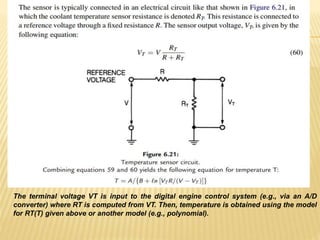The terminal voltage VT is input to the digital engine control system (e.g., via an A/D
converter) where RT is computed from VT. Then, temperature is obtained using the model
for RT(T) given above or another model (e.g., polynomial).
 