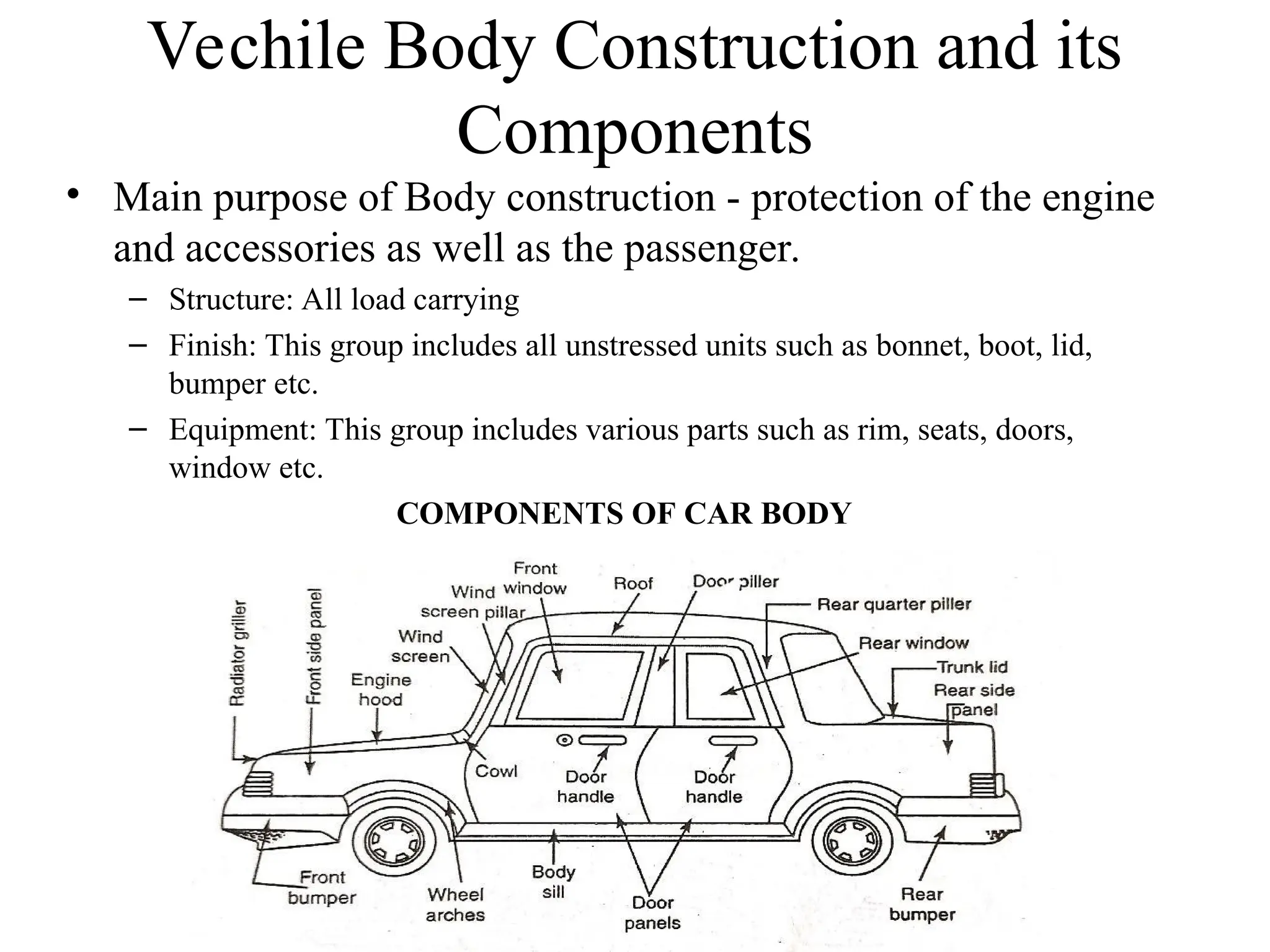 Vechile Body Construction and its
Components
• Main purpose of Body construction - protection of the engine
and accessories as well as the passenger.
– Structure: All load carrying
– Finish: This group includes all unstressed units such as bonnet, boot, lid,
bumper etc.
– Equipment: This group includes various parts such as rim, seats, doors,
window etc.
COMPONENTS OF CAR BODY
 