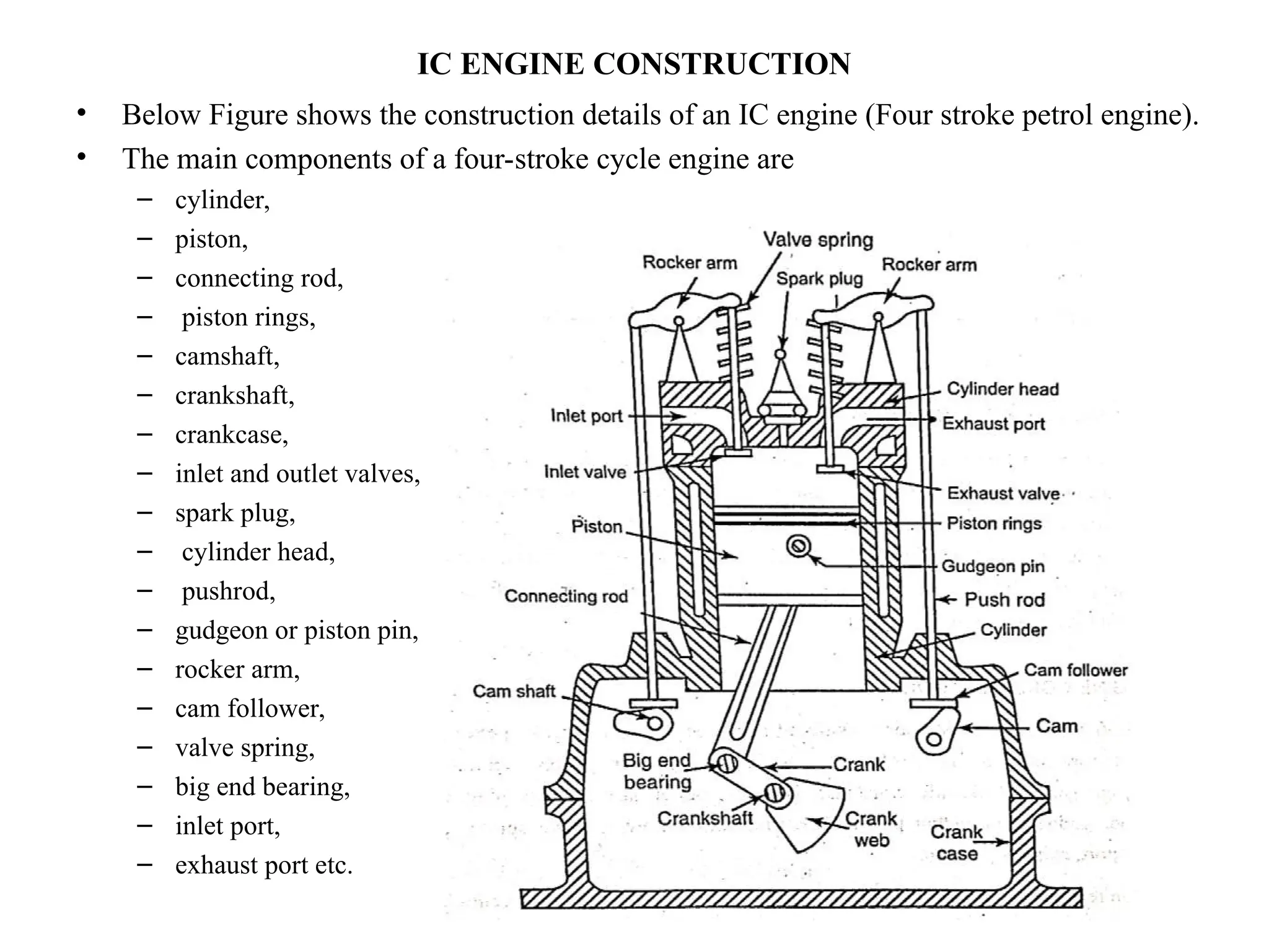 IC ENGINE CONSTRUCTION
• Below Figure shows the construction details of an IC engine (Four stroke petrol engine).
• The main components of a four-stroke cycle engine are
– cylinder,
– piston,
– connecting rod,
– piston rings,
– camshaft,
– crankshaft,
– crankcase,
– inlet and outlet valves,
– spark plug,
– cylinder head,
– pushrod,
– gudgeon or piston pin,
– rocker arm,
– cam follower,
– valve spring,
– big end bearing,
– inlet port,
– exhaust port etc.
 