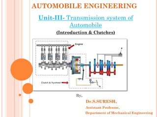 AUTOMOBILE ENGINEERING
Unit-III- Transmission system of
Automobile
(Introduction & Clutches)
By,
Dr.S.SURESH,
Assistant Professor,
Department of Mechanical Engineering
 
