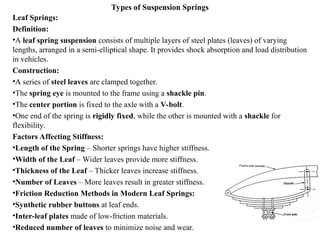 Types of Suspension Springs
Leaf Springs:
Definition:
•A leaf spring suspension consists of multiple layers of steel plates (leaves) of varying
lengths, arranged in a semi-elliptical shape. It provides shock absorption and load distribution
in vehicles.
Construction:
•A series of steel leaves are clamped together.
•The spring eye is mounted to the frame using a shackle pin.
•The center portion is fixed to the axle with a V-bolt.
•One end of the spring is rigidly fixed, while the other is mounted with a shackle for
flexibility.
Factors Affecting Stiffness:
•Length of the Spring – Shorter springs have higher stiffness.
•Width of the Leaf – Wider leaves provide more stiffness.
•Thickness of the Leaf – Thicker leaves increase stiffness.
•Number of Leaves – More leaves result in greater stiffness.
•Friction Reduction Methods in Modern Leaf Springs:
•Synthetic rubber buttons at leaf ends.
•Inter-leaf plates made of low-friction materials.
•Reduced number of leaves to minimize noise and wear.
 